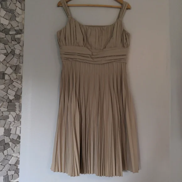 Anne Klein Dress Fit Flare Baby Doll Midi Size 12P Beige Pleated Lined Summer - Picture 2 of 13